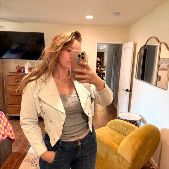 Vintage 80s White Leather Moto Jacket Coat Cropped Size Medium - Picture 12 of 12